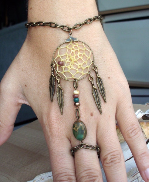 Bohemian Dreamcatcher Slave Bracelet Boho Hippie Stone Tribal Gypsy Antiqued Brass Twilight Dream Catcher Native American Inspired