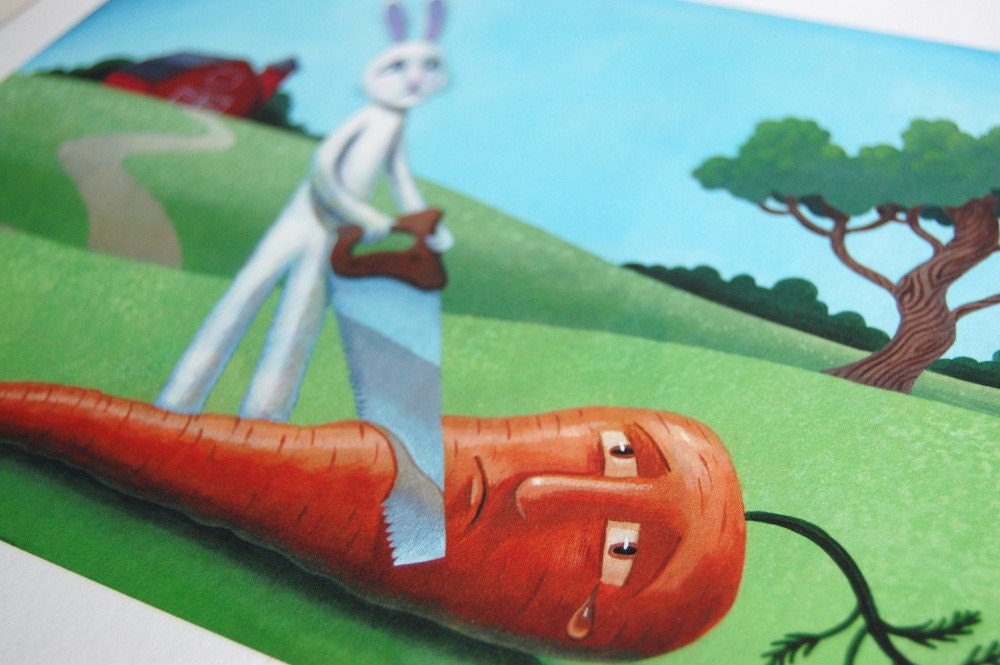 A Sad Story II - Archival Print 8.5x11 - crying bunny carving up a carrot by a red barn
