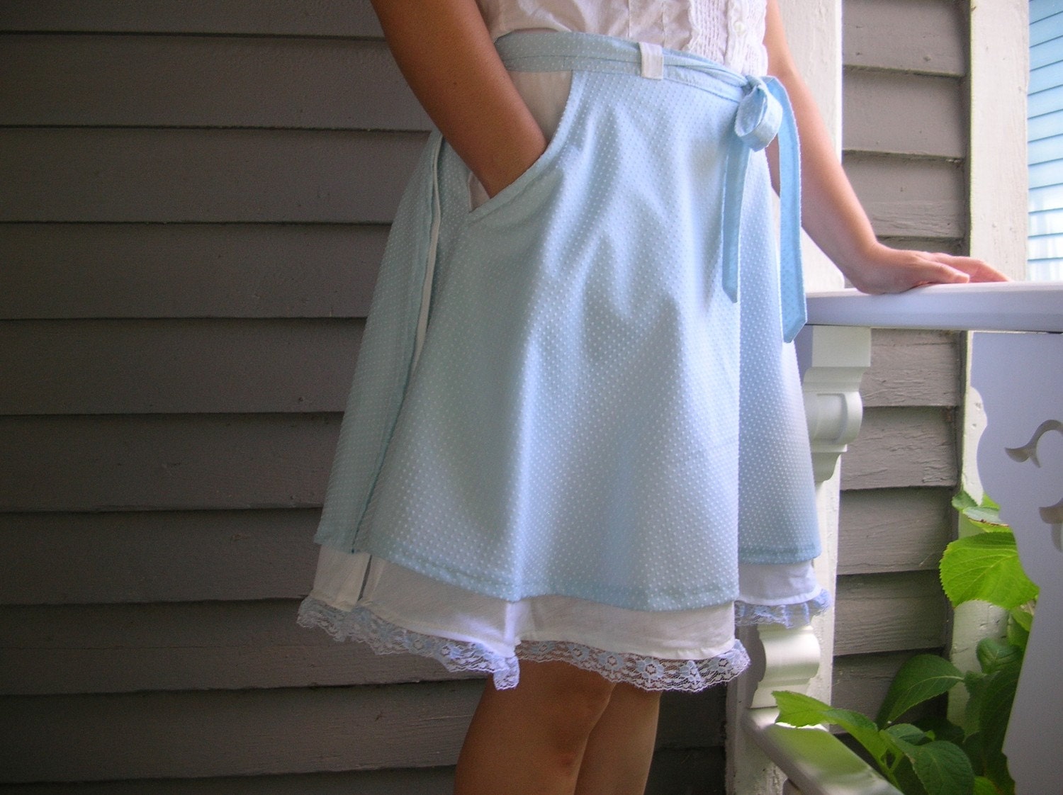 Dainty Blue and White Polka Dot, Wrap Around Skirt, Lace and Pockets, sizes 6-10