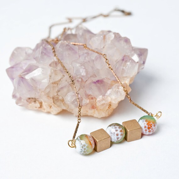 Brass Cube and Multi Color Textured Stone Necklace on Raw Brass Pressed Cable Chain