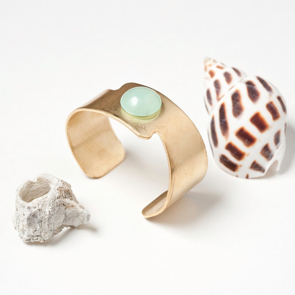 New - Dark Oxidized Brass Zig Zag Cuff with Mint Lucite Cabochon
