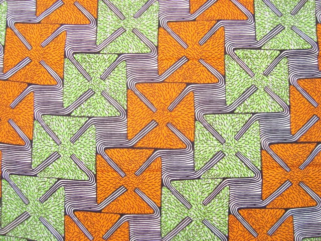 Orange and Green squares African wax print batik fabric BY THE YARD 100% cotton.
