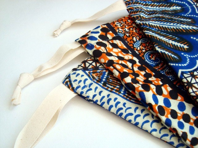 re-usable gift bag, pouch, drawstring bag, toy tidy made from African wax print 'fat quarter bag' x 3