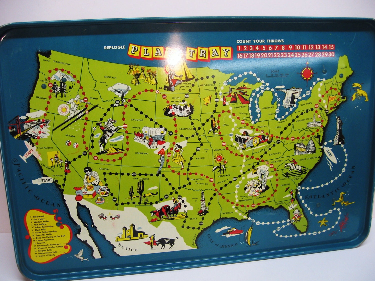 Vintage Tin Replogle MapTray - 1950's Eat & Play Tray - US Map w Magnetic Game Pieces