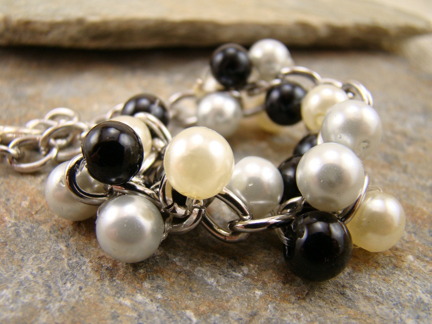 Black, Grey and Silver Beaded Bracelet - Free Shipping to USA