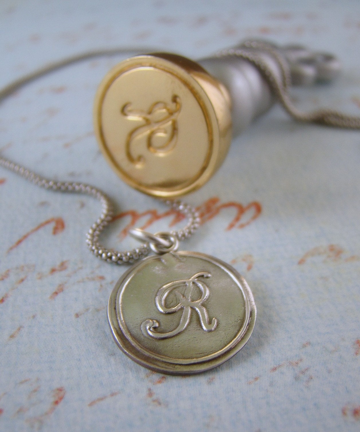 Fine Silver - Envelope Seal Monogram Pendant Necklace - Letter R - Free Shipping to USA