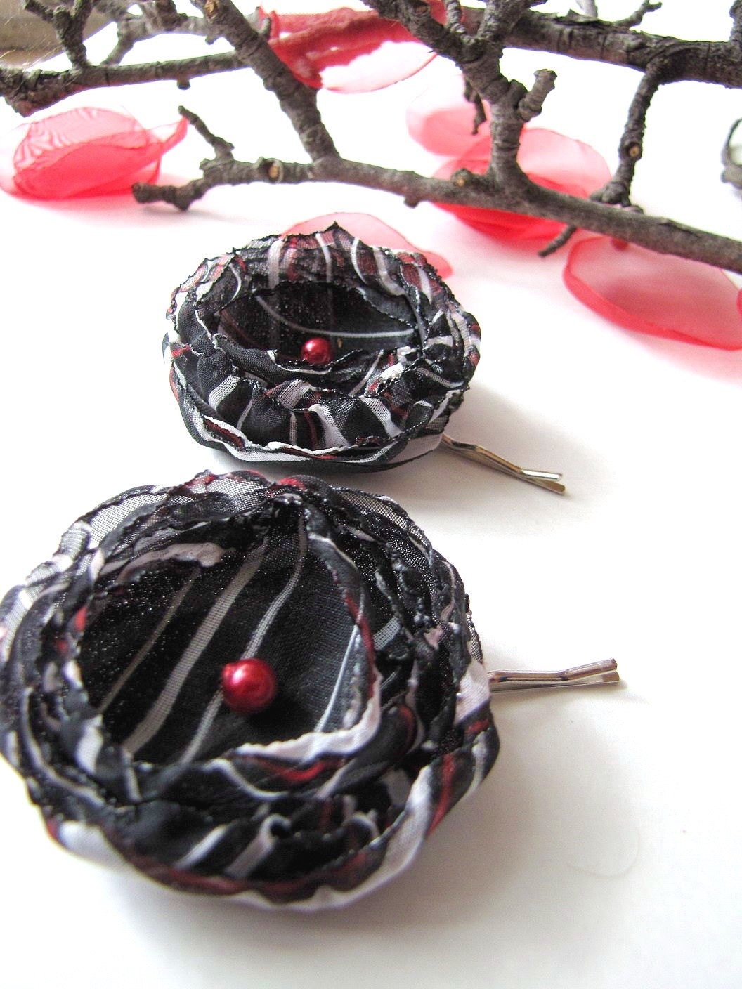 Handmade bobby pins with chiffon fabric flowers (set of 2 pcs) - BLACK WHITE and RED Stripes