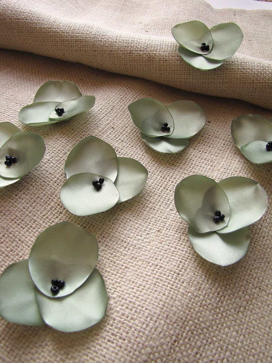 Hydrangea Blossoms-Handmade satin sew on flower appliques (10 pcs)- SAGE GREEN