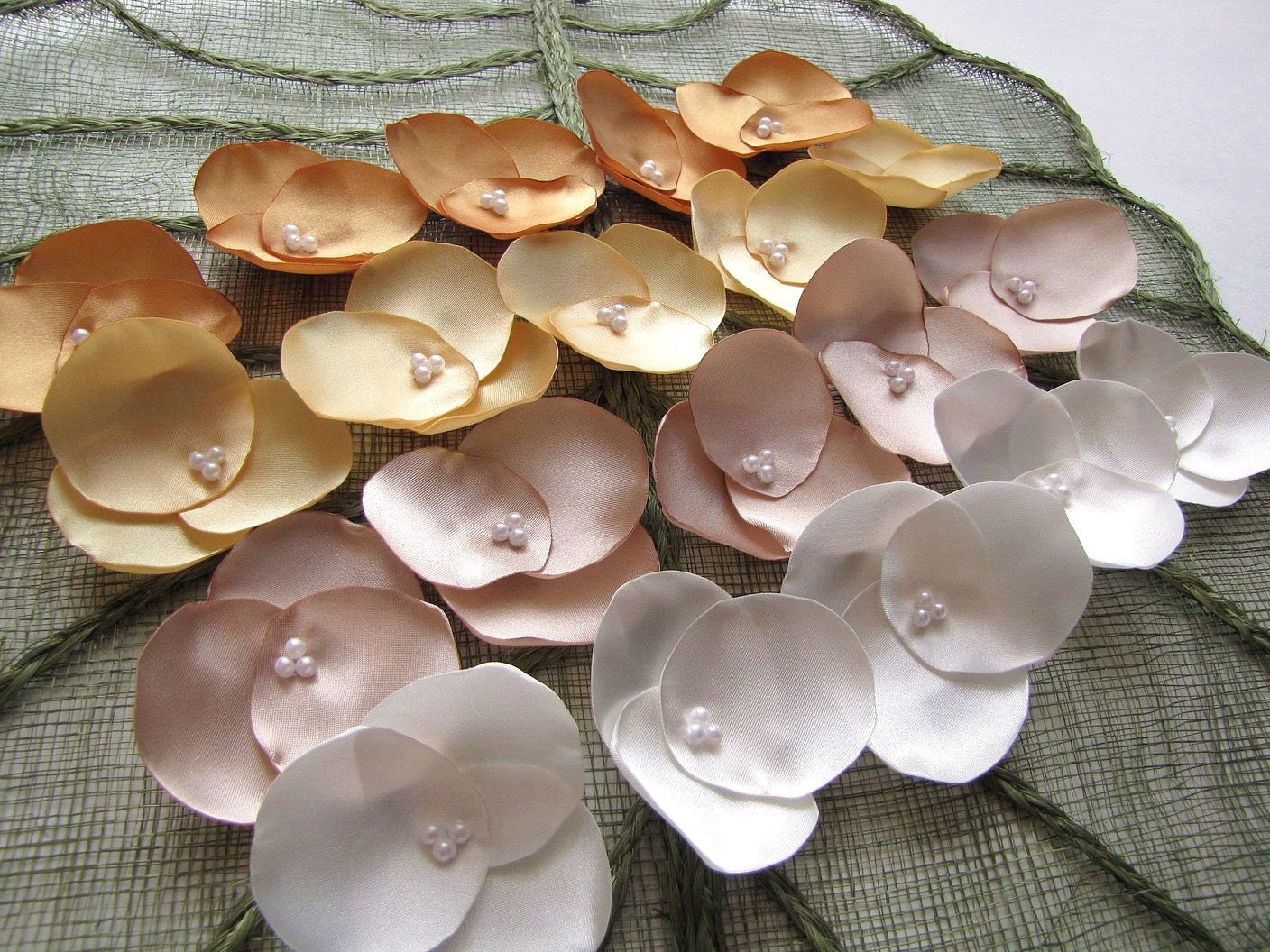 Hydrangea Blossoms-Handmade satin sew on flower appliques (20 pcs)- YELLOW MEADOW (Ivory- Champagne- Buttercream Yellow- Gold)