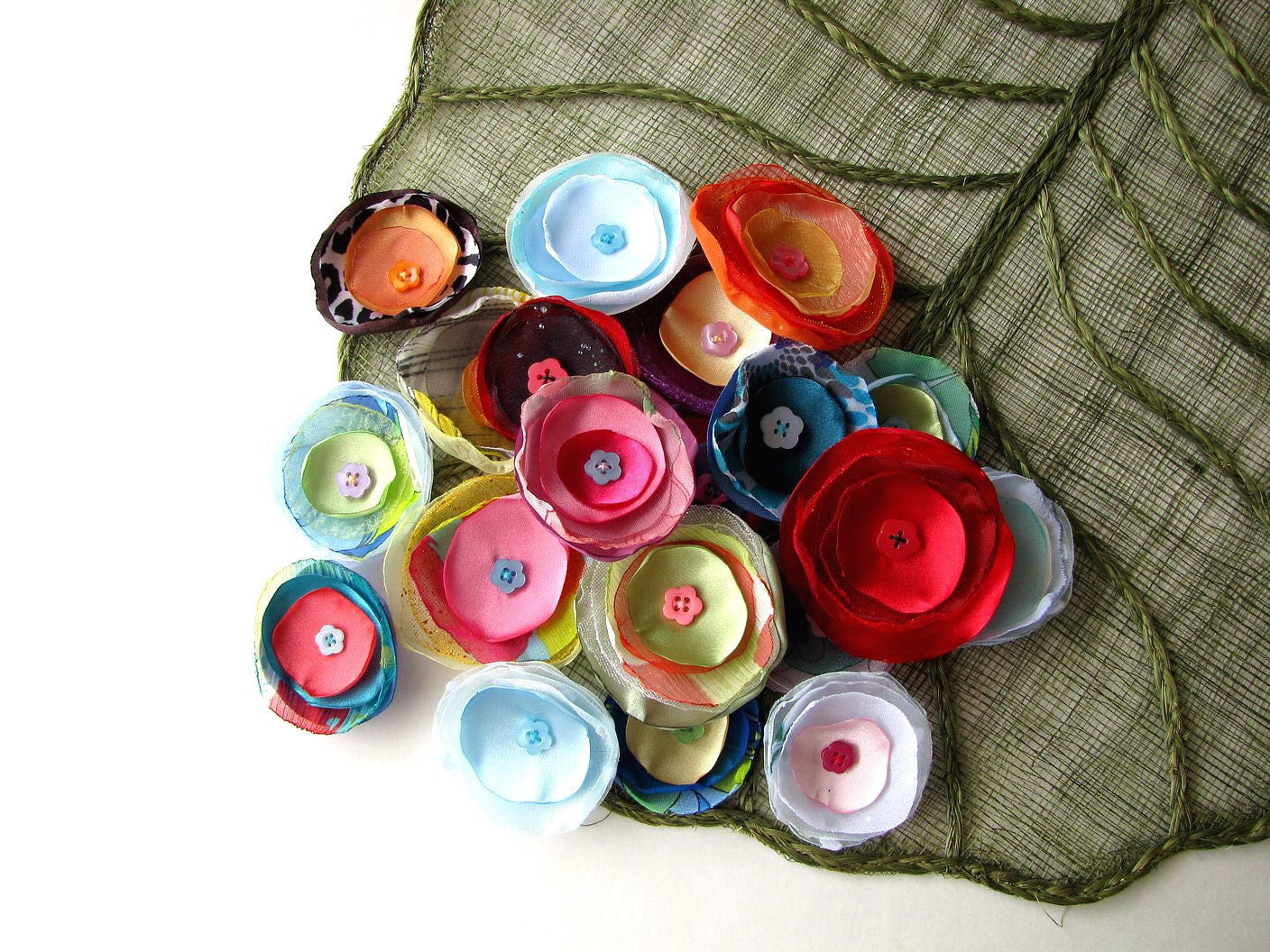 Handmade organza satin sew on flower appliques with buttons (20 pcs)- OOAK Destash Bag in Assorted Colors (mix set 174)