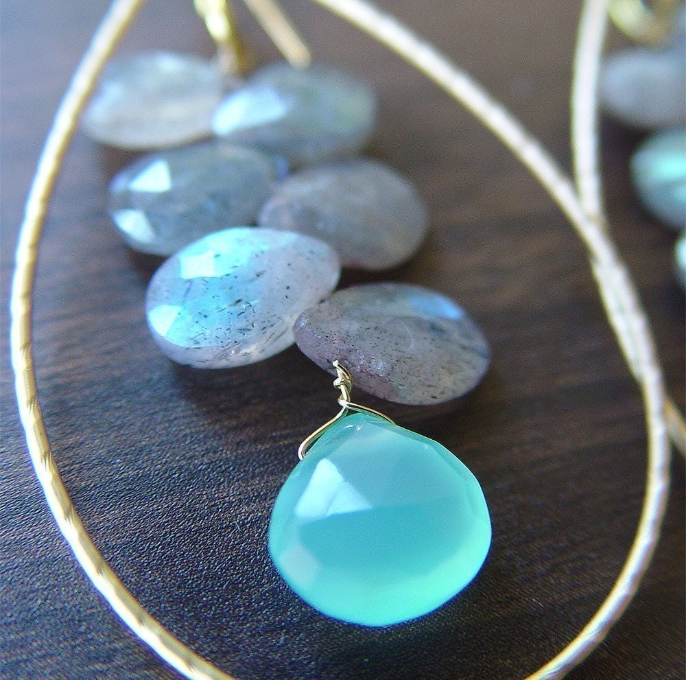 Labradorite Blue Cluster Hoops Earrings 14k Gold