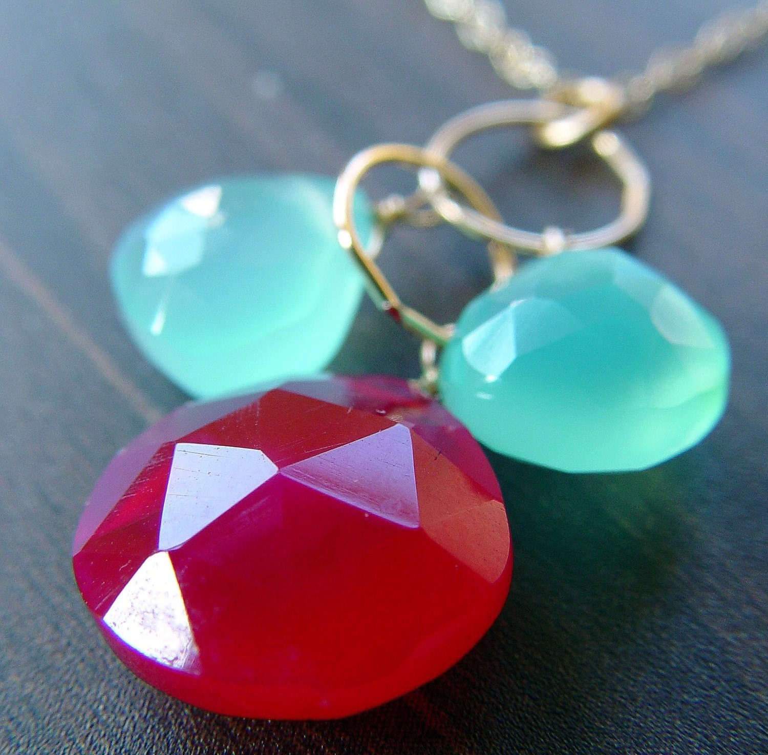 Ruby Aqua Cluster Necklace 14k gold interlocking chain