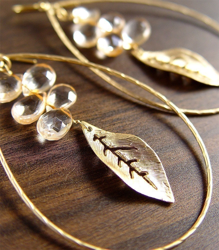 Citrine Leaf Hoop Earrings 14k Gold