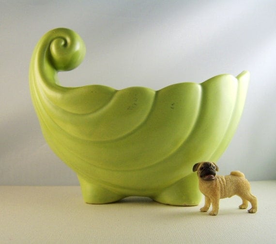Vintage Ceramic Planter Art Deco Lime Green Nautilus RESERVED FOR ULLI