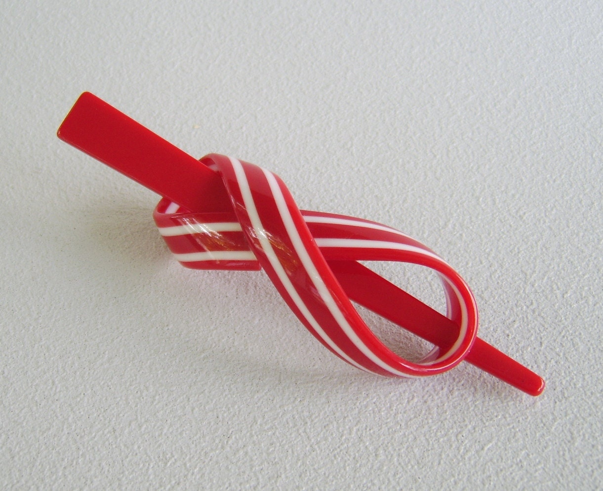 Vintage Mod Striped Hair Clasp Slide Red White Acrylic