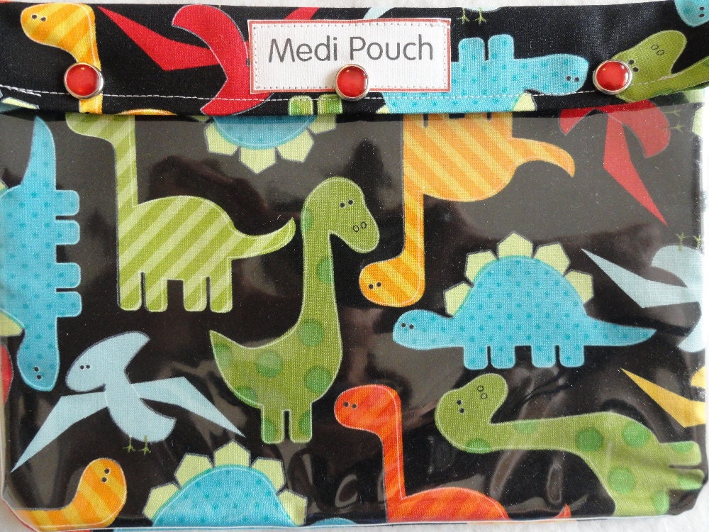 XL Medi-Pouch Travel Organizer Medical Hospital EpiPens Diabetes First Aid Toiletries ( 7x9 Ann Kelle Dinos on Black Fabric)