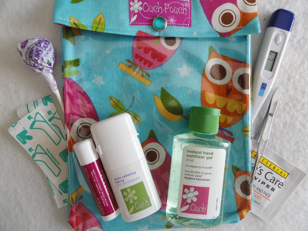 Large Ouch PouchTM ...First Aid Travel Organizer for Car Diaper Bag Purse ( 6x8 Schimler Aqua Owl ) Baby Shower New Mom