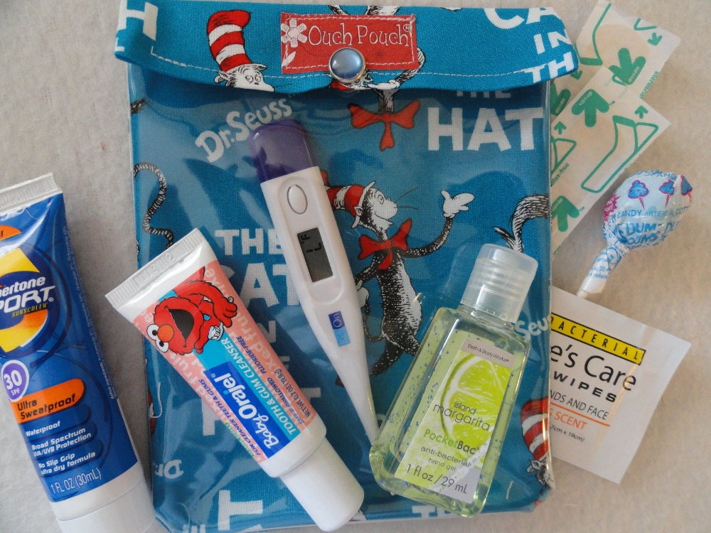 Medium Ouch Pouch TM Clear First Aid Organizer for Diaper Bag Purse (5x7 Dr. Seuss Cat in the Hat Fabric) Fun Baby Shower Gift