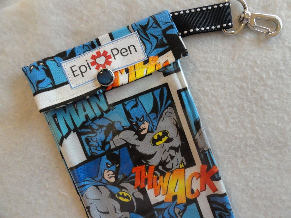 EpiPen Pouch 4x8 Holds 2 Adult or Jr. Allergy Injector Pens w/ Clear Pocket and Clip - Batman on Blue