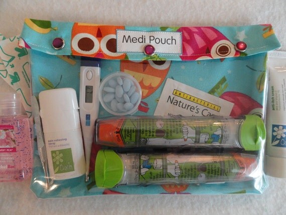 XL Medi - Pouch Clear Travel Organizer for Medications Inhaler EpiPens Diabetes Testing First Aid Diapers (7x9 Aqua Owls Fabric)