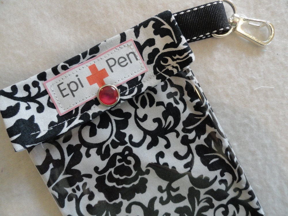 Epi Pen Pouch with Clear Pocket and Clip 4x8 Holds 2 Allergy Injector Pens - Black Scroll Damask Fabric