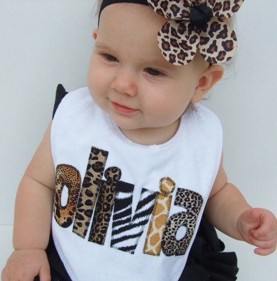 Personalized Bib Appliqued in animal prints for baby by Tried and True Designs on Etsy
