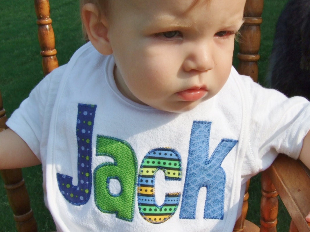 Personalized Baby Bib Appliqued in blues and greens by Tried and True Designs on Etsy