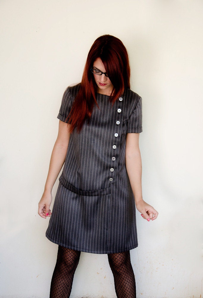 Mod Dress in Dark Grey Pinstripe Asymmetrical with short Sleeves Vintage Inspired