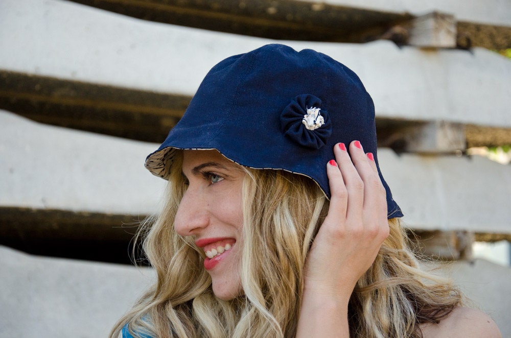 Navy Blue Sun Hat for Summer, Linen and Floral Cotton