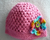 Crocheted Pink Baby Hat with Flower     READY TO SHIP     Size 6 to 12 mos