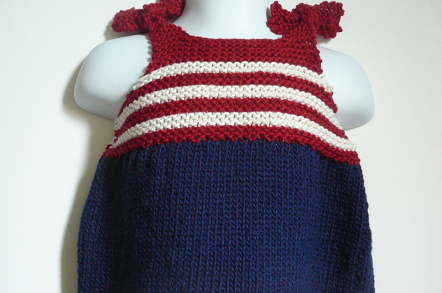 Hand Knit Baby Patriotic Sun Dress     READY TO SHIP    Size 3 to 6 months