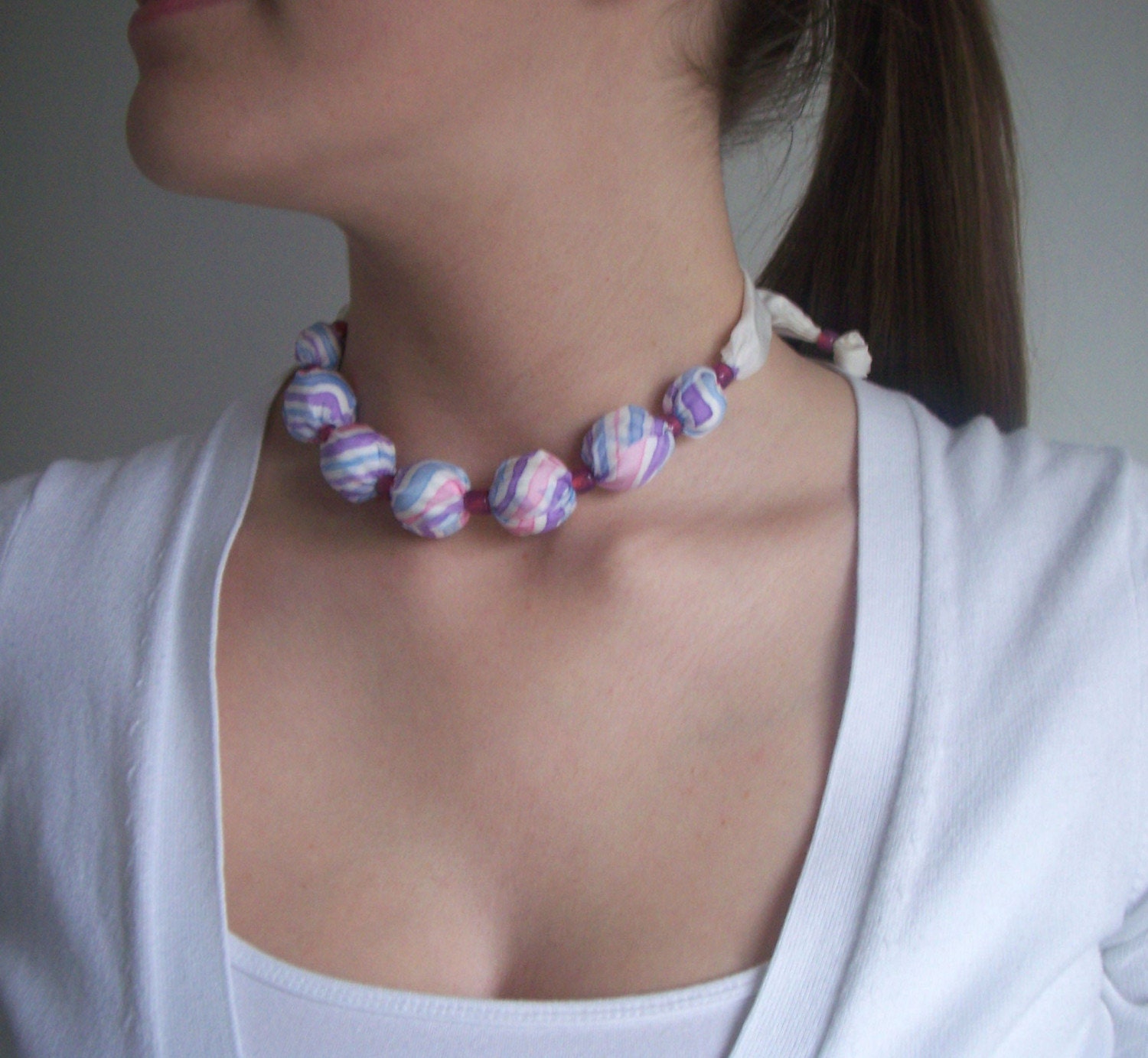 Lavender, pink and blue silk candy stripe necklace with light blue glass beads