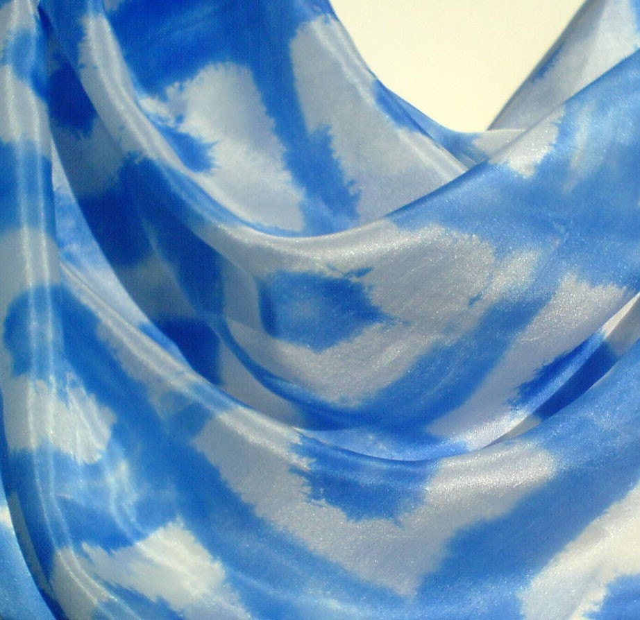 Blue and white square pure silk scarf