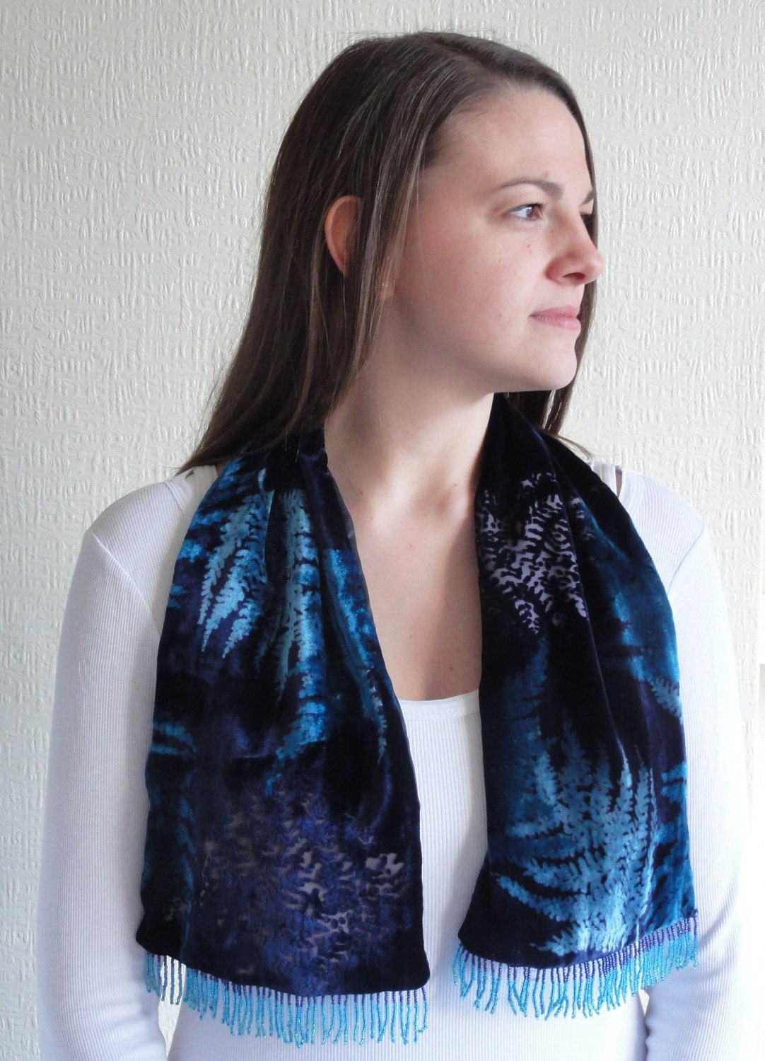 Velvet Scarf devore indigo teal pure silk and viscose