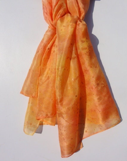 Orange, yellow, pure silk, long scarf, gold and bronze splash effect.