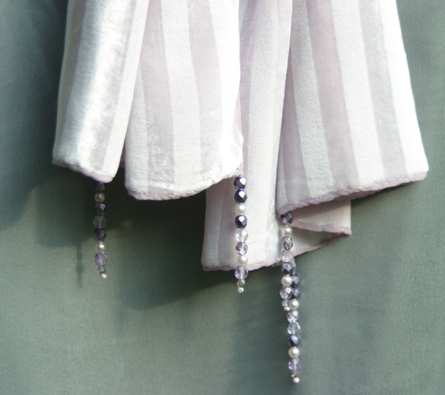 Velvet Beaded Scarf, Pure Silk and Viscose, pastel lavender  self stripes