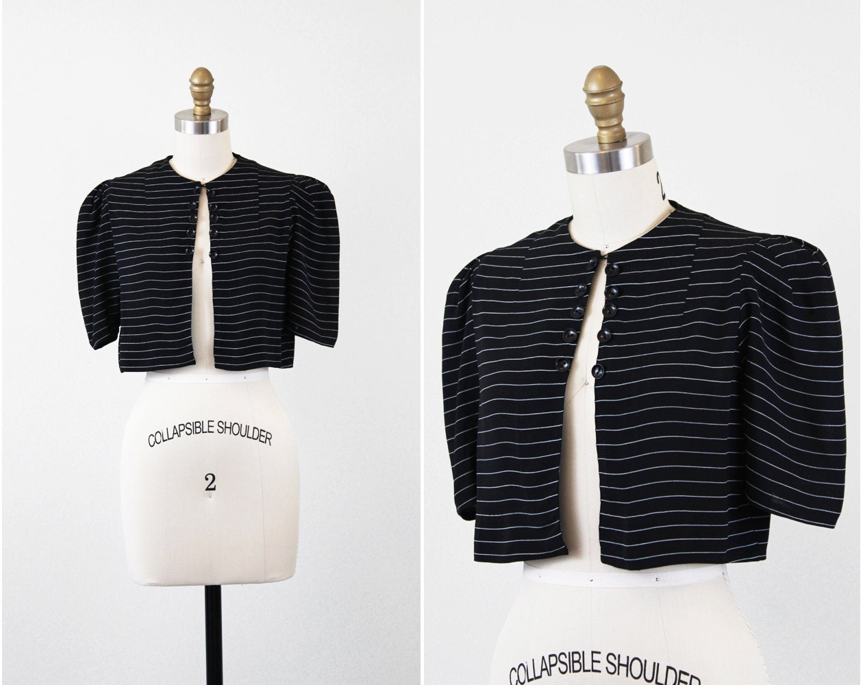 1930s jacket / 30s bolero / Black and White Striped Evening Jacket with Puff Sleeves