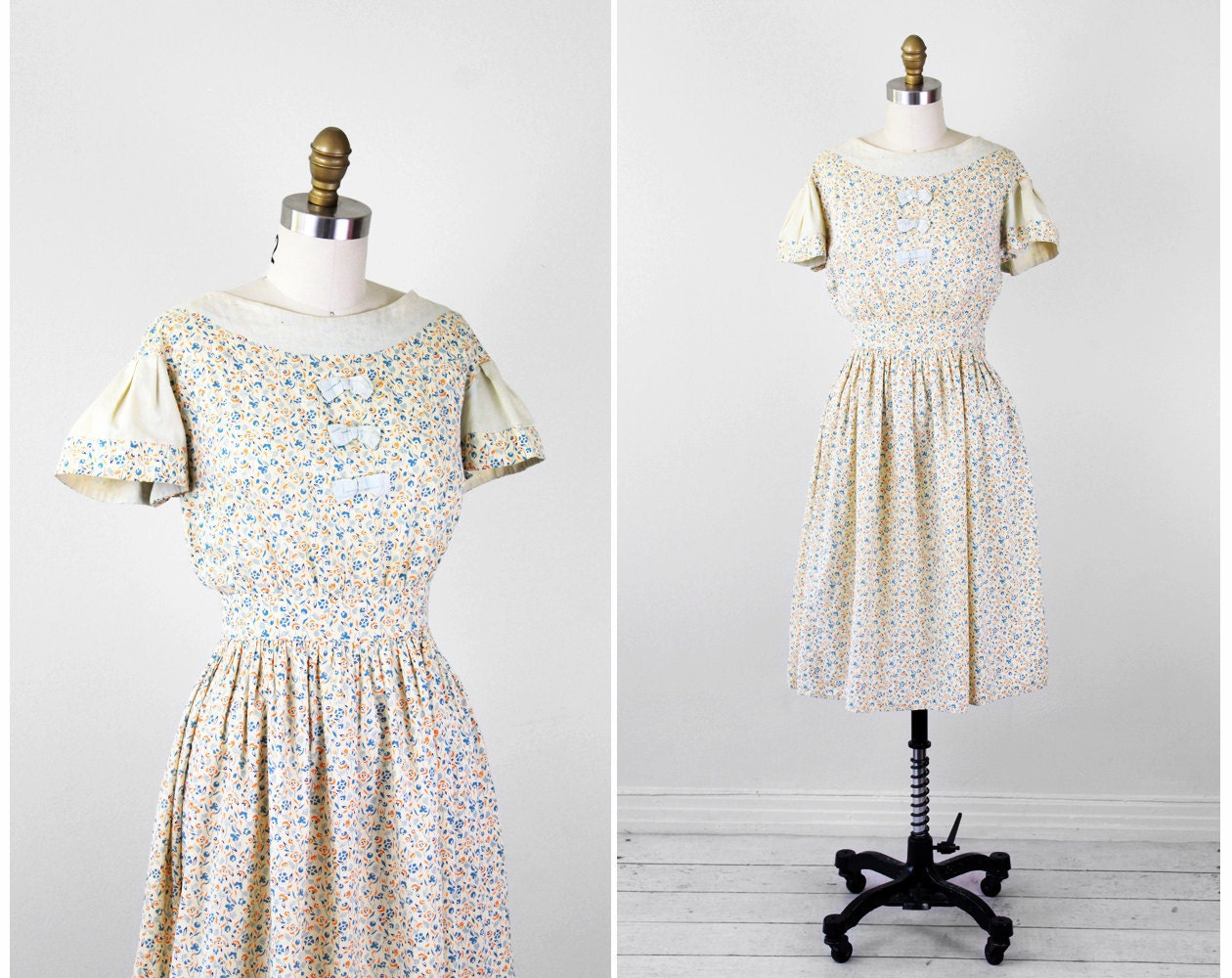 1930s dress / 30s dress / Blue, Orange, and Cream Floral Print Dust Bowl Dress with Bows