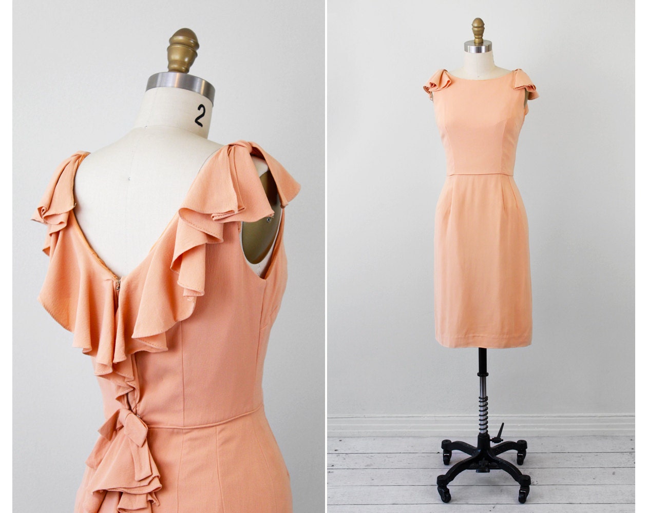 vintage 50s 60s dress // Peach Cocktail Dress with Dramatic Ruffle and Plunging Back