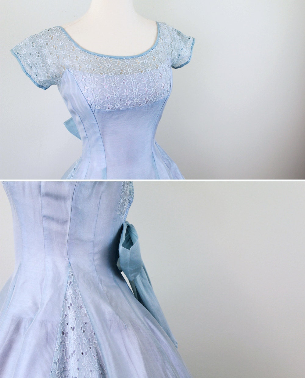 vintage 1950s 50s dress // Sky Blue and Lavender Cupcake Dress with Eyelet Panels and a Sweet Big Bow