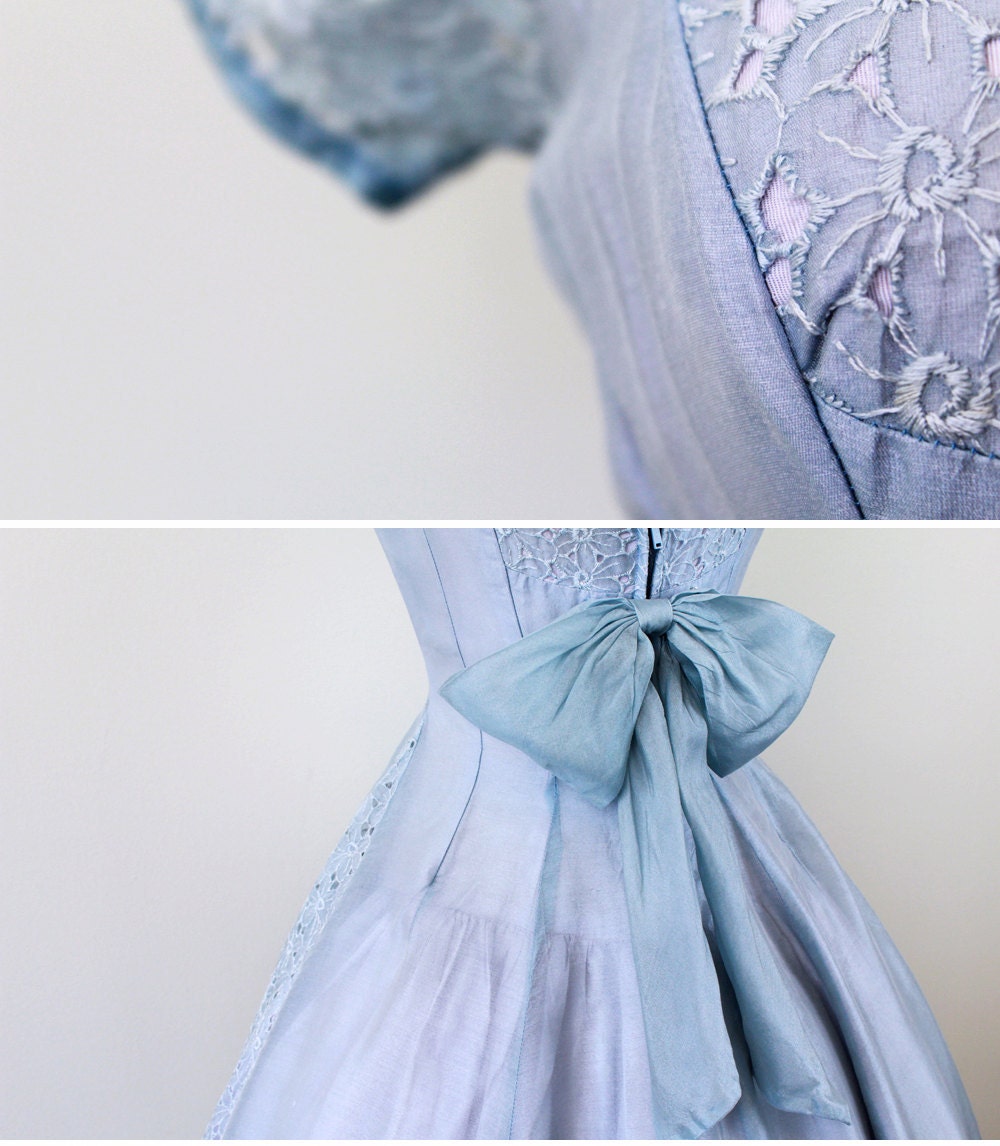 vintage 1950s 50s dress // Sky Blue and Lavender Cupcake Dress with Eyelet Panels and a Sweet Big Bow