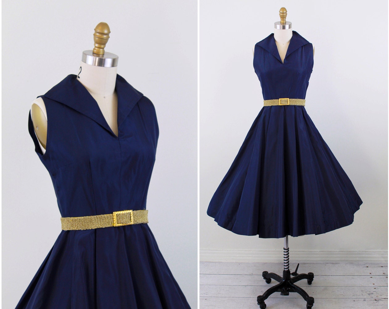 vintage 1940s 40s dress // Navy Blue Taffeta Dress with Full Pleated Circle Skirt