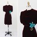 vintage 1930s dress // Burgundy Red Silk Velvet 30s Dress with Turquoise Flower Corsage
