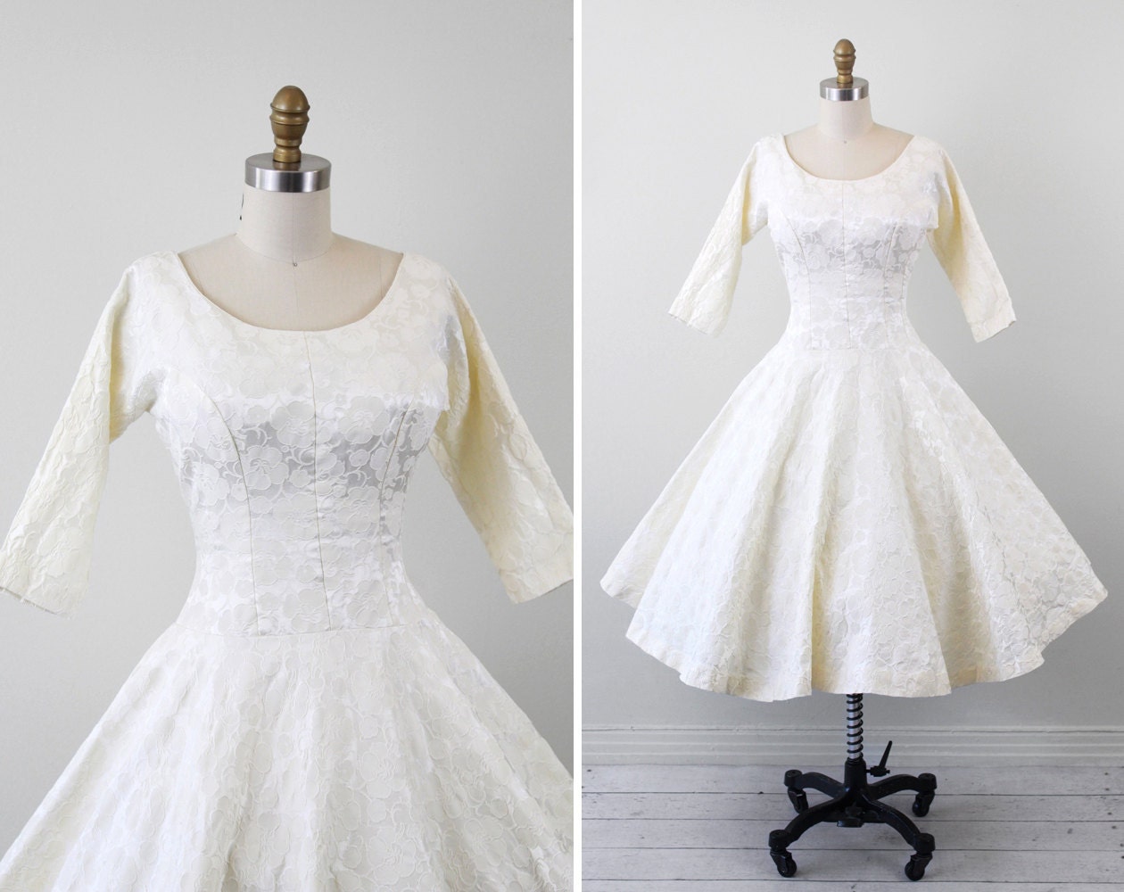 vintage 1950s 50s wedding dress // Creamy White Floral Damask Wedding Dress