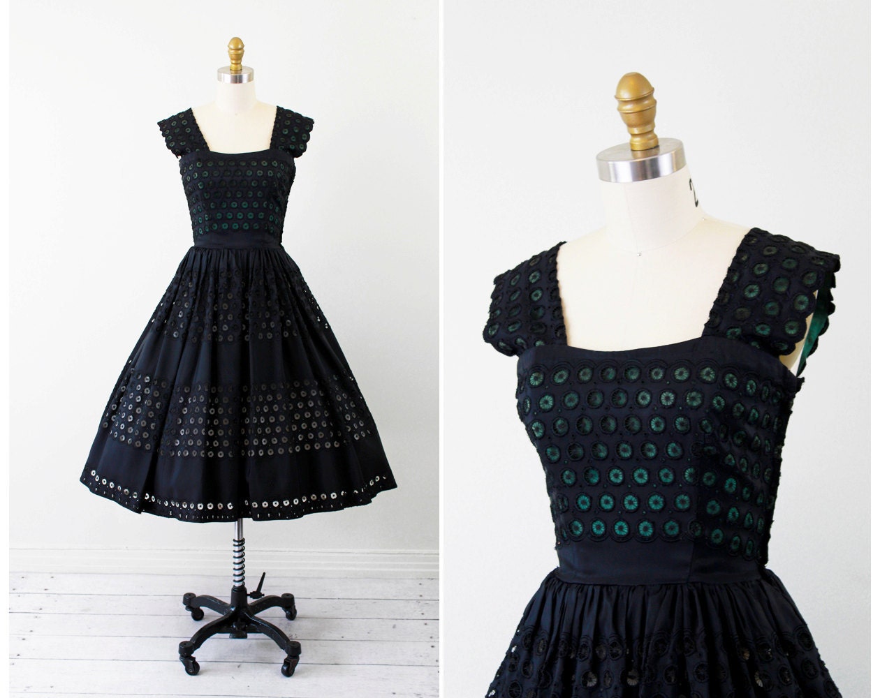 1940s dress / 50s dress / Black and Green Eyelet Taffeta Party Dress by Fred Perlberg