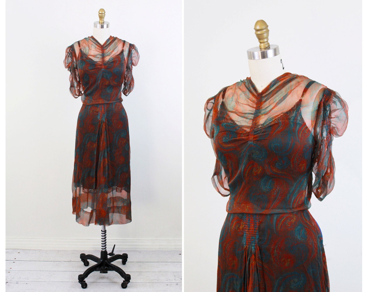vintage 1930s dress / 30s dress / Teal, Brown, and Orange Feather Print Chiffon Dress with Crystal Blue Buttons
