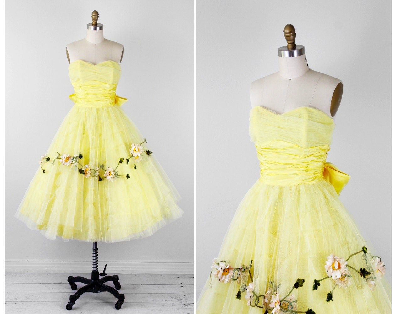 1950s dress / 50s prom dress / Yellow Tulle Cupcake Dress with Daisies and a Big Satin Bow
