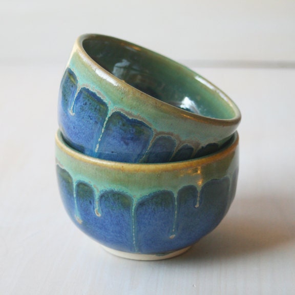 Yunomi Tea Cups - Mystical Night - Pair of Handmade Stoneware Blue and Green Cups - Ceramic Pottery - sheilasart