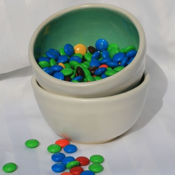 Pair of White and Turquoise Rice Bowls - Two Aqua and White Glazed Ceramic Pottery Bowls - Handmade