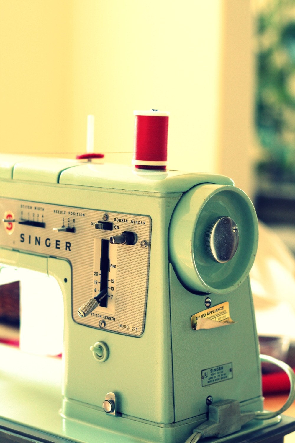Vintage Singer Sewing Machine Photography, Seamstress, Still Life, Nostalgic, mint green, red thread